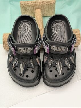 CROCS Kids' Black Panther Clog Sandals with Silver Spike Charms and Purple Trim